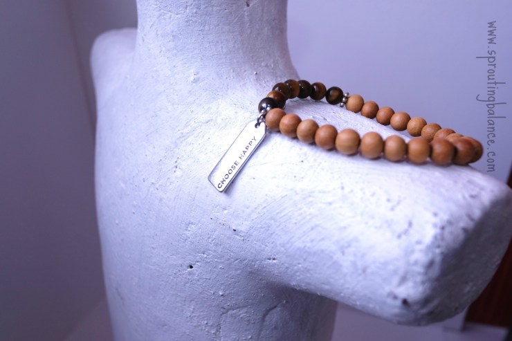 Choose Happy Bracelet | Tiger's Eye & Sandalwood Mala | www.sproutingbalance.com | #Mala #Bracelet #27Beads #Choose #Happy