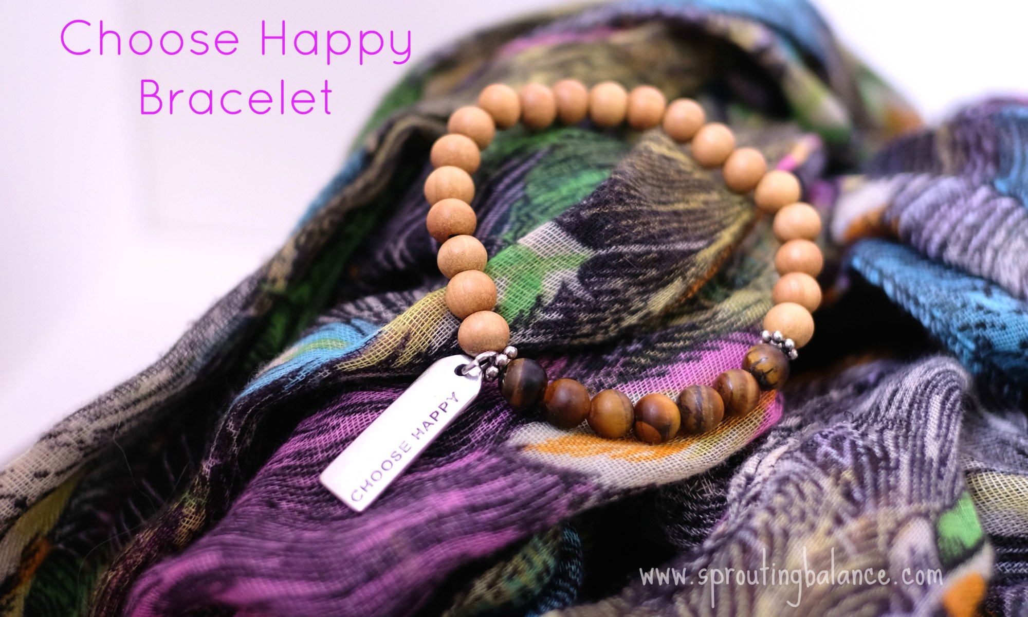 Choose Happy Bracelet | Tiger's Eye & Sandalwood Mala | www.sproutingbalance.com | #Mala #Bracelet #27Beads #Choose #Happy
