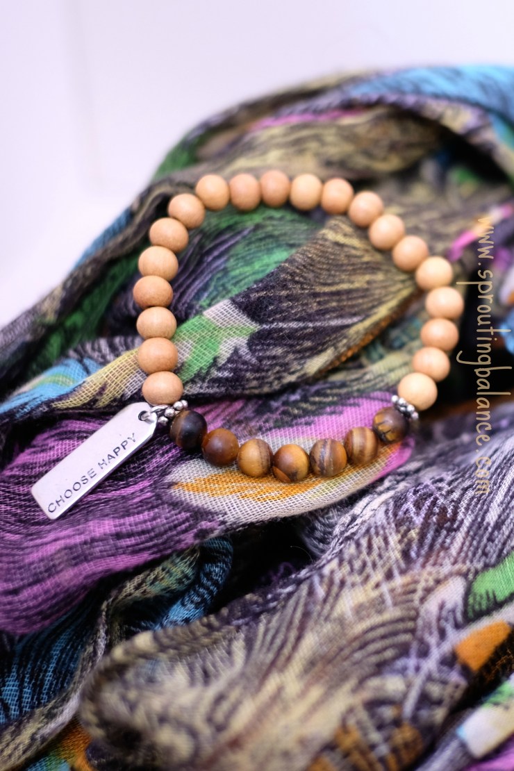 Choose Happy Bracelet | Tiger's Eye & Sandalwood Mala | www.sproutingbalance.com | #Mala #Bracelet #27Beads #Choose #Happy