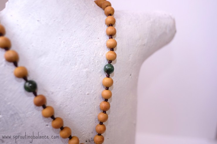 Owl Mala | 108 bead hand knotted necklace | www.sproutingbalance.com | #mala #green #sandalwood #owl