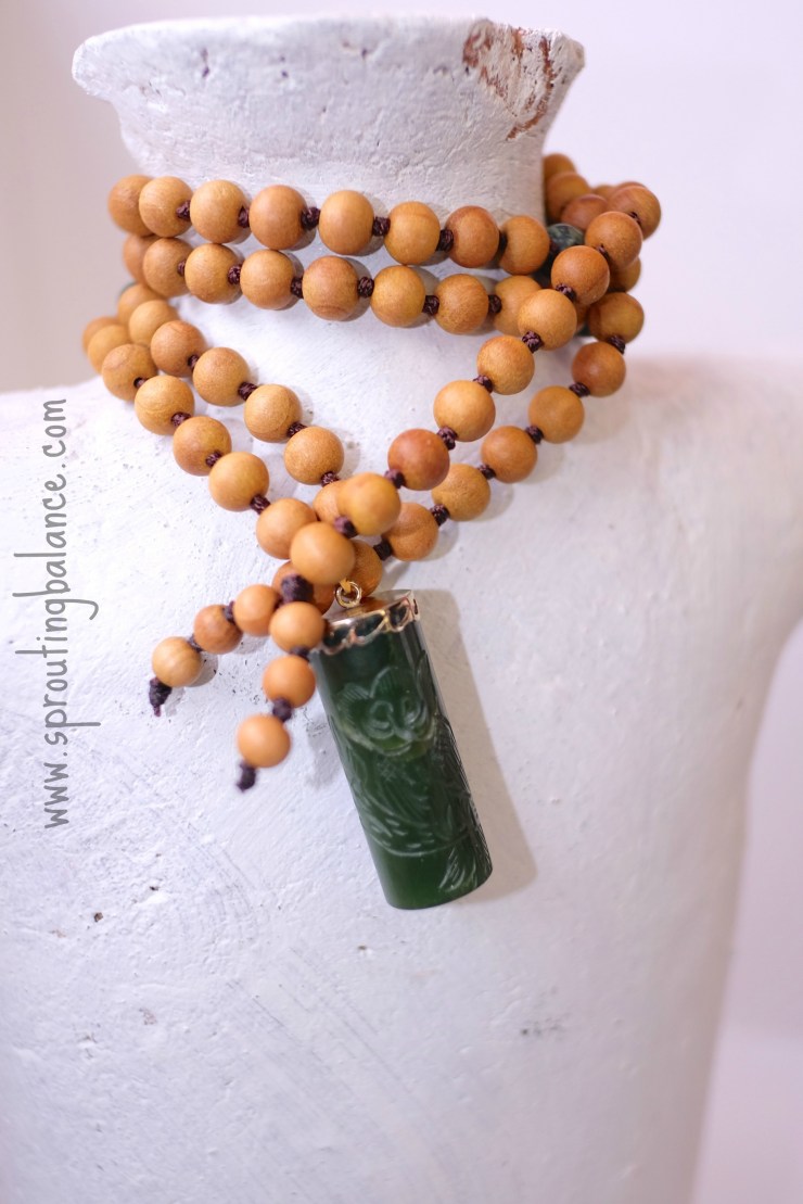 Owl Mala | 108 bead hand knotted necklace | www.sproutingbalance.com | #mala #green #sandalwood #owl