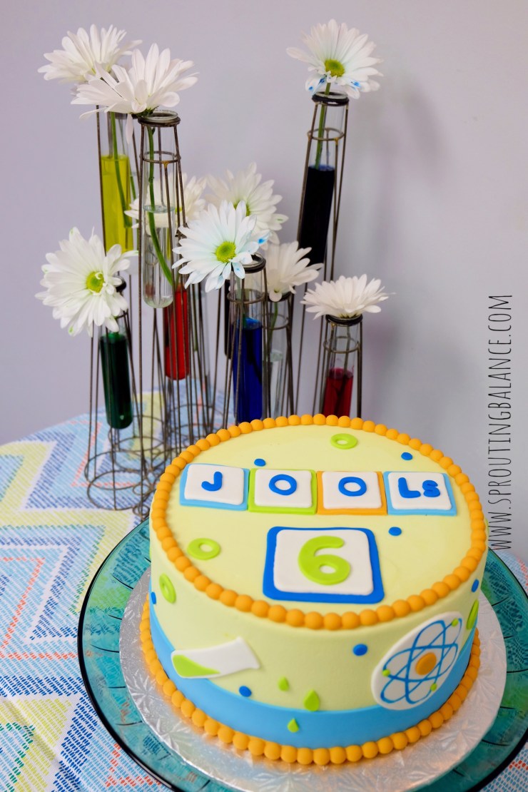 6th Birthday - Science | www.sproutingbalance.com | #science #party #cake #dyed #flowers