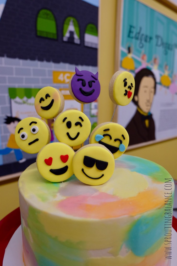 Let's Make Faces - Cake | www.sproutingbalance.com | #4cats #emoji #besties #birthday #party #cake