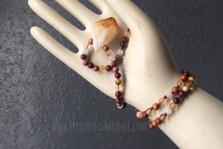 Mookaite Citrine Moonstone Sandalwood Mala | www.sproutingbalance.com | www.etsy.com/shop/SproutingVintage
