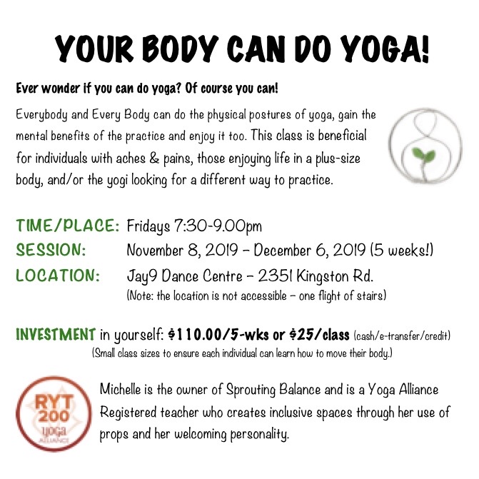 Community Classes at Jay9 Dance November 8 to December 6 2019 | www.sproutingbalance.com | Yoga Classes for All Abilities in Scarborough Toronto