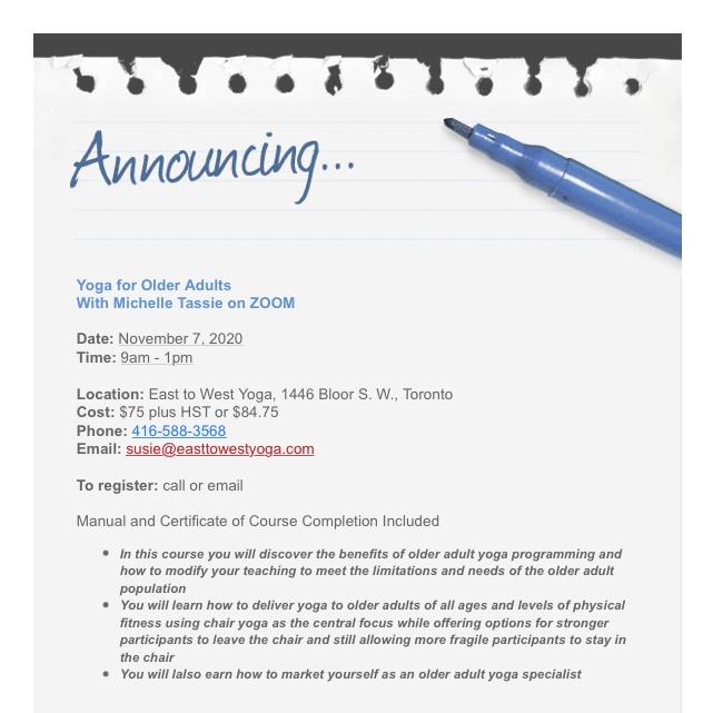 Announcing November 7 2020 Teacher Workshop on Chair Yoga and Older Adult Yoga | www.sproutingbalance.com | #yoga #chair #olderadult