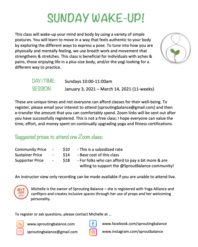 Sunday Wake-up on Zoom | 2021 Jan 3 - Mar 14 | www.sproutingbalance.com | #yoga #movement #zoom